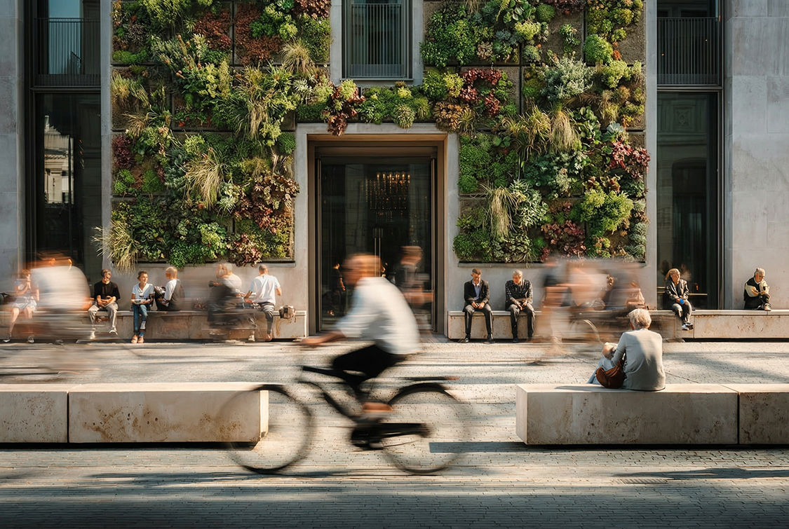Urbaner Stadtraum mit begrünter Fassade und erhöhter Aufenthaltsqualität