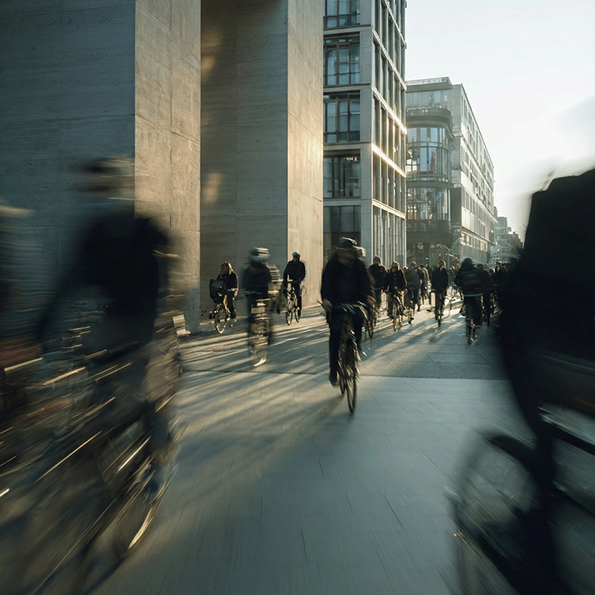 Grauer Stadtraum mit harter Architektur, wenig Begrünung und hoher Nutzungsdichte